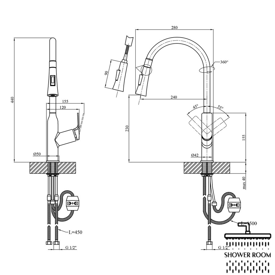 Смеситель для кухни с выдвижным изливом Kroner KRP Graz - GRP030-T, графит