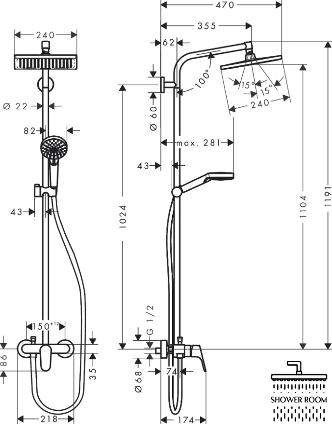 Душова система з одноважільним змішувачем HANSGROHE Crometta Е 240 1jet Showerpipe 27284000, хром