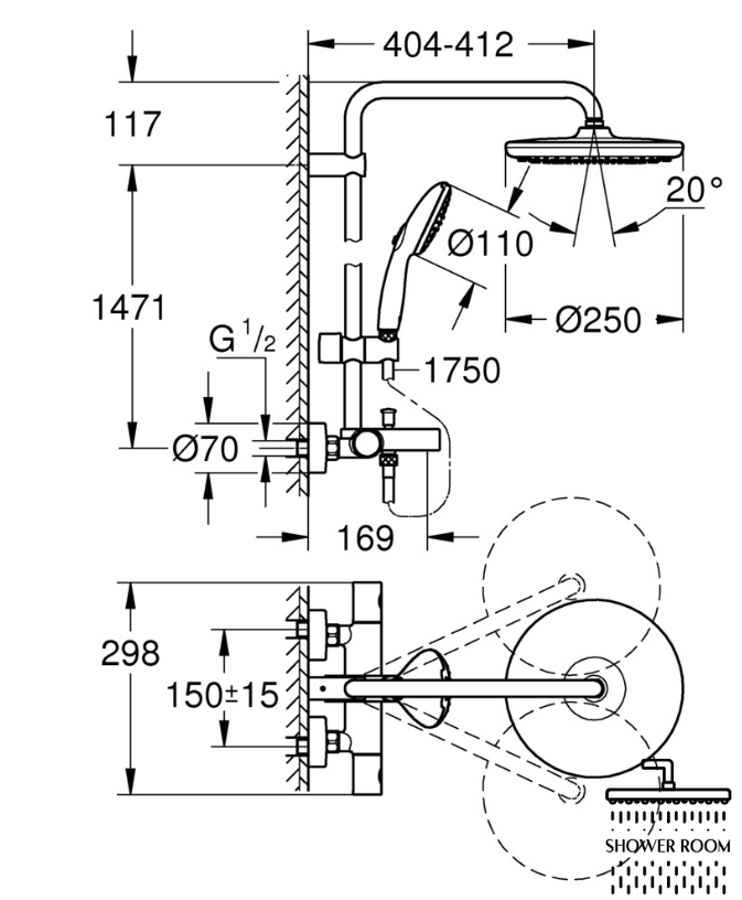 Душова система з термостатом для ванни Grohe Tempesta System 250 настінного монтажу (26672001)