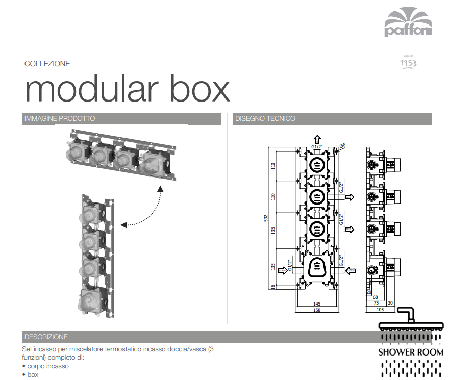 Скрытый набор для термостатического смесителя для душа/ванны (3 функции) Paffoni Modular box (MDBOX019)