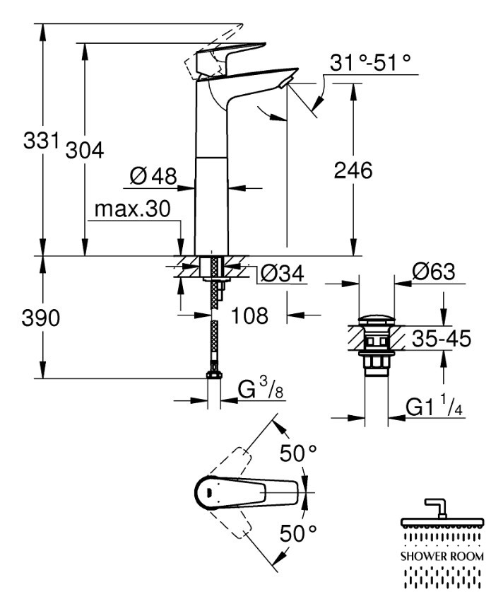 Смеситель на столешницу для раковины XL-размера, Grohe QuickFix Start Edge 23777001