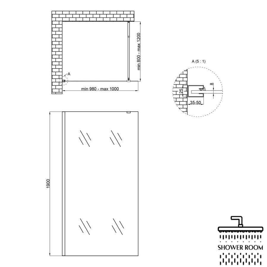 Душова перегородка Qtap Walk-In Standard CRM201.C8 100х190 см, скло Clear 8 мм, покриття CalcLess