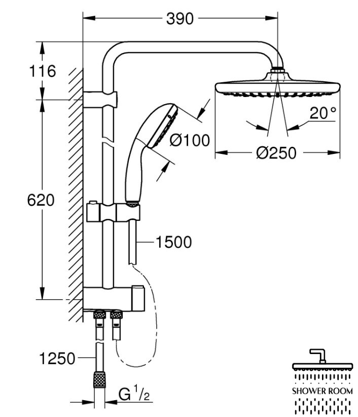 Душова система без змішувача Flex Grohe QuickFix Vitalio Start System 250 настінного монтажу (266802430), чорна