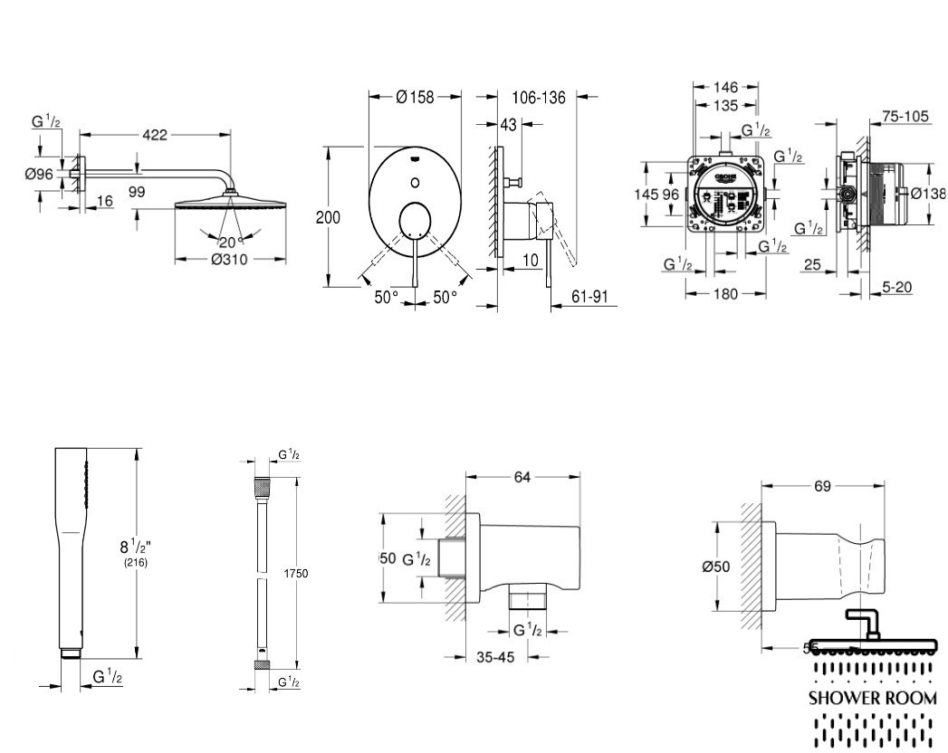 Душова система прихованого монтажу Grohe Grohtherm SmartControl Rainshower Mono 310 UA122505KF