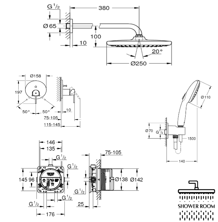 Душова система Grohe Plus прихованого монтажу з Tempesta 250 (UA240600603)