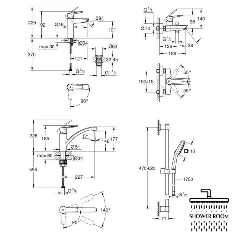 Набор смесителей 4 в 1 для ванной комнаты и кухни Grohe QuickFix Start M-Size UA202301KE