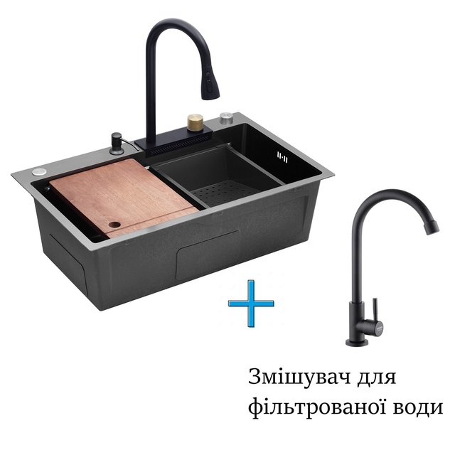 Кухонная мойка Kroner Schwarze - SET7546HM PVD (3/0.7 мм) с смесителем для фильтрованной воды