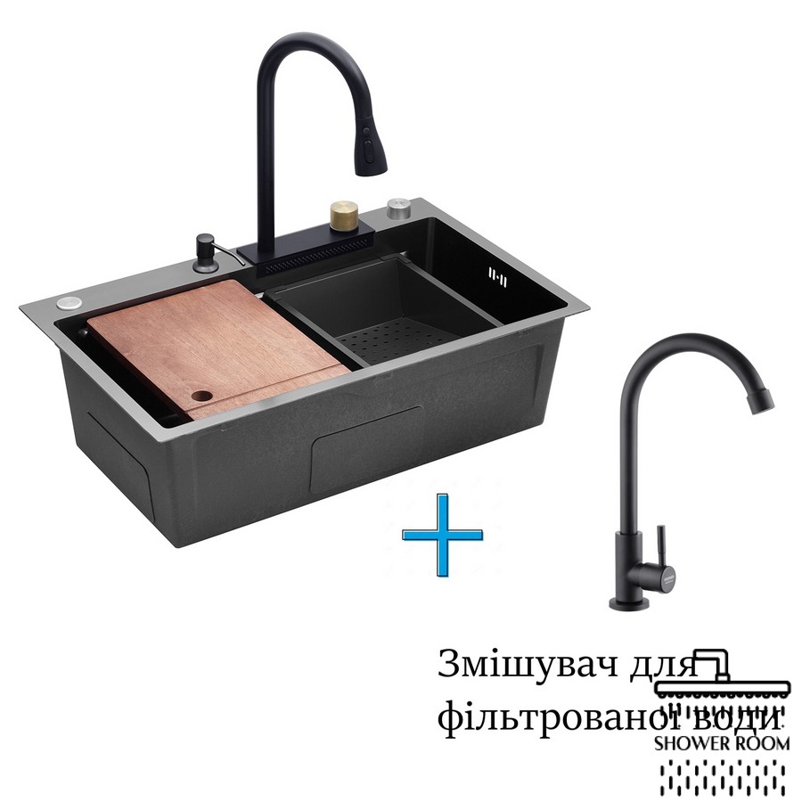 Кухонна мийка Kroner Schwarze - SET7546HM PVD (3/0.7 мм) з змішувачем для фільтрованої води