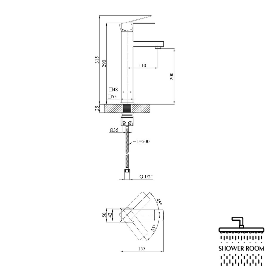Душевая система Kroner Kubus SCH082 с высоким смесителем на умывальник SCH010-3