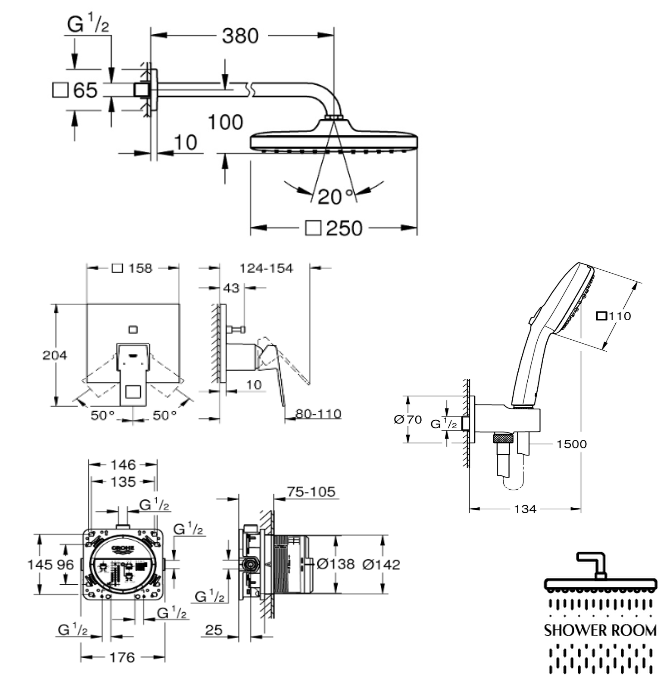 Душова система Grohe Eurocube прихованого монтажу з Tempesta Cube 110 UA25289000