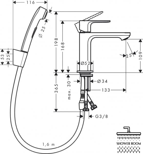 Змішувач для умивальника з гігієнічною лійкою, HANSGROHE REBRIS S 110 72215670, чорний матовий