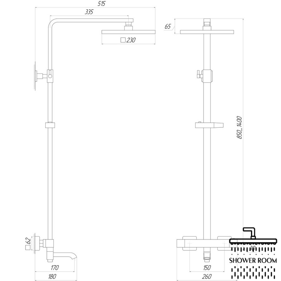 Душова система для ванни з термостатом Globus Lux Termostatic Q VAN-GLQ-0041T-BB прямокутна, чорна