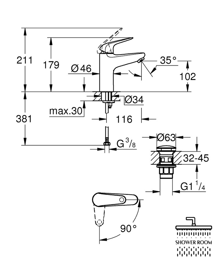 Смеситель для умывальника Grohe M-Size Euroeco 24269001, cold start