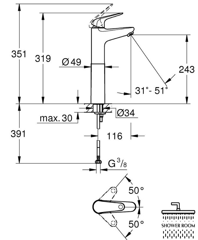 Змішувач для раковини одноважільний Grohe Euroeco XL-Size (24273001)
