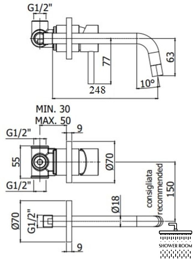 Смеситель для умывальника Paffoni Light, настенный, излив 24.8 см, Steel Looking (LIG007ST70)