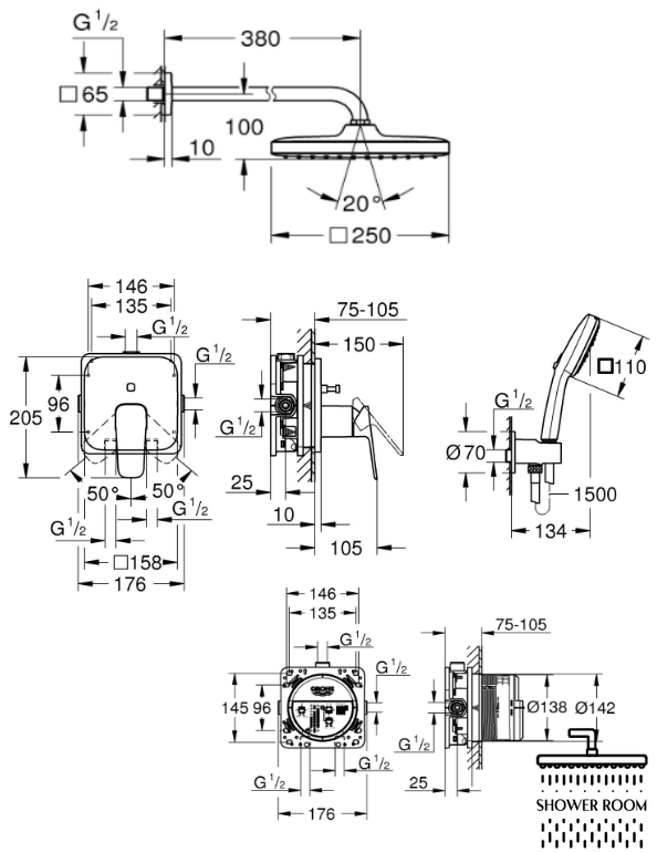 Душевая система Grohe Cubeo скрытого монтажа с Tempesta 250 (1053360000+35604000)