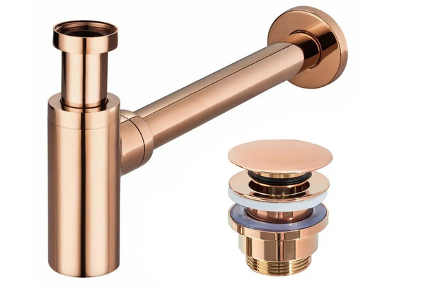 Сифон для умивальника (раковини) універсальний Rea rose gold з донним клапаном REA-A8541 click-klak, рожеве золото