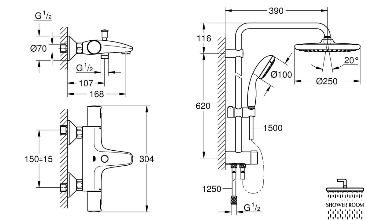 Душова система Vitalio Start System 250 Cube + Термостат для ванни Grohe Precision Start (UA303904TR), колір чорний