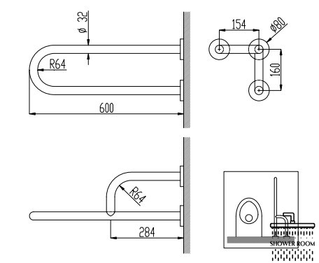 Поручень потрійний NOFER 600 мм із нержавіючої сталі AISI 304, Satin (15047.S)
