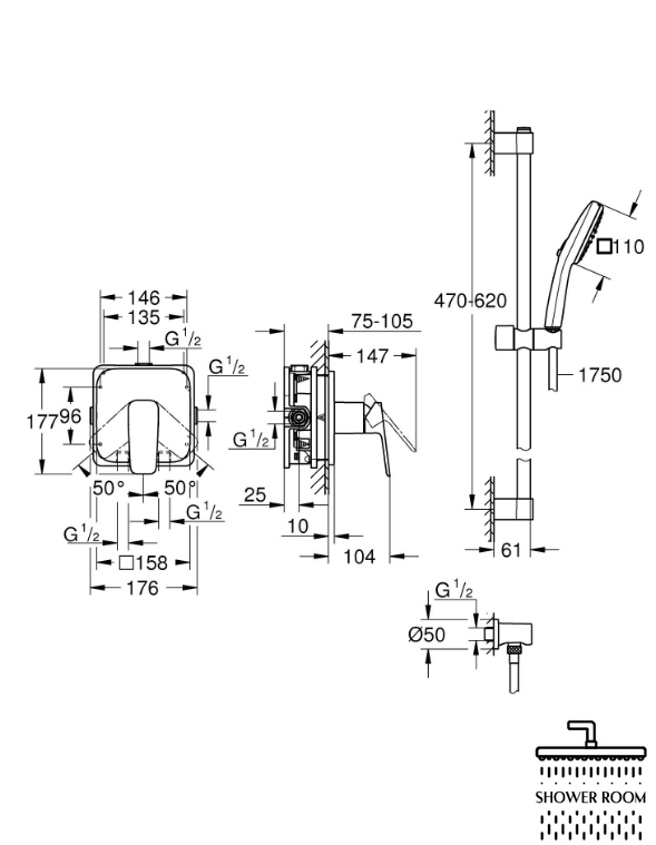 Душова система Grohe Cubeo прихована з Tempesta 110 (1053350000+35604000)