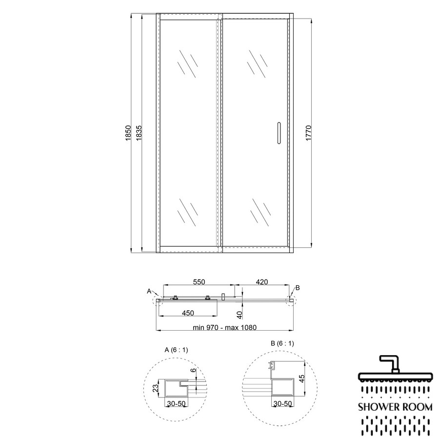 Душові двері в нішу Qtap Taurus CRM201-11.C6 97-108x185 см, скло Clear 6 мм, покриття CalcLess