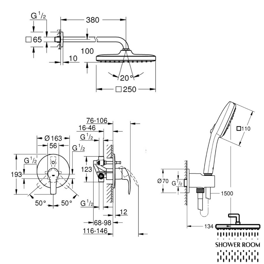 Душова система прихованого монтажу Grohe Quickfix Eurosmart з Tempesta Cube 250 (430348830)