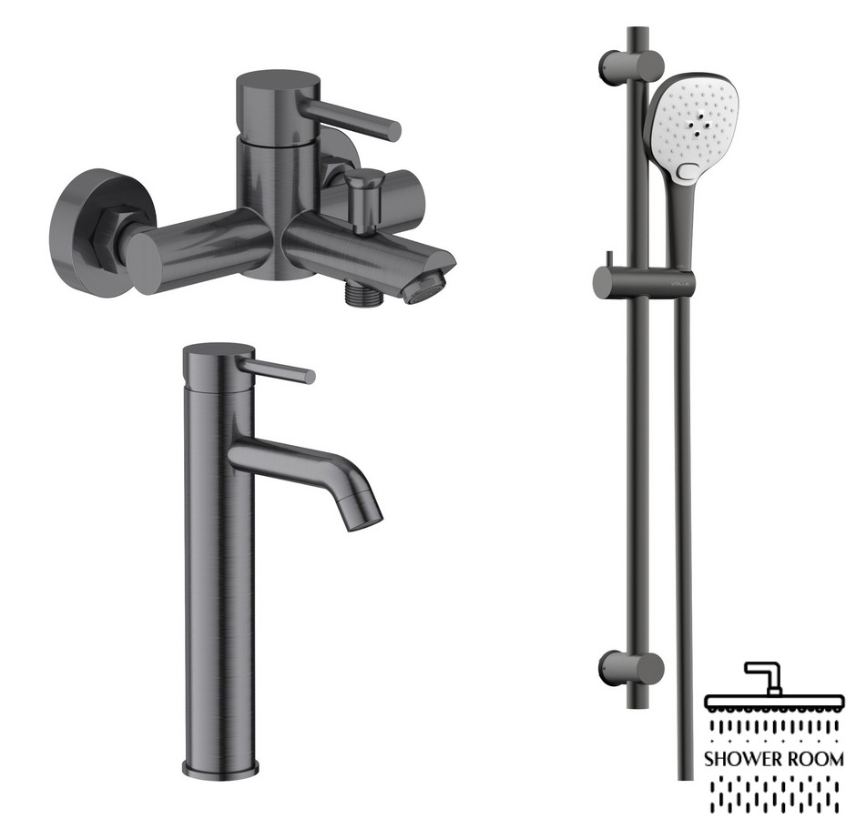 Набор смесителей для ванны 3в1 VOLLE CRUZE 154204104304 с высоким смесителем на умывальник, pistola gris, графит