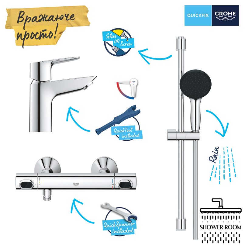 Комплект смесителей для душа с термостатом Grohe QuickFix Precision Flow&Start Edge ColdStart