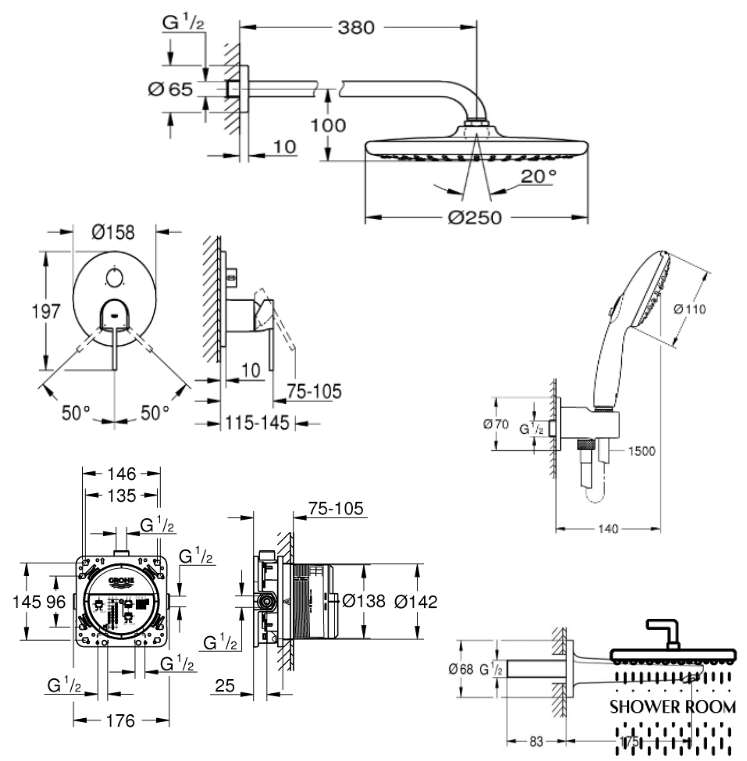 Душова система Grohe Plus прихованого монтажу для ванни з Tempesta 250 (UA240936087)