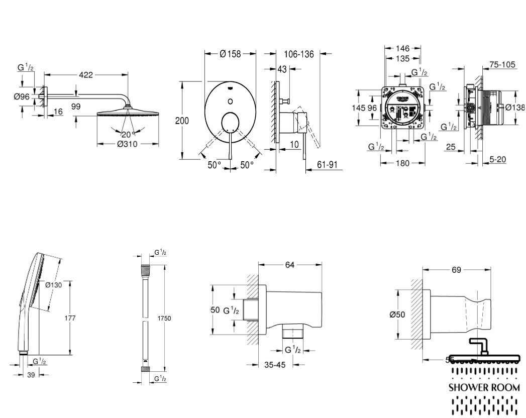 Душевая система скрытого монтажа Grohe Grohtherm SmartControl Rainshower Mono 310 UA122503KF