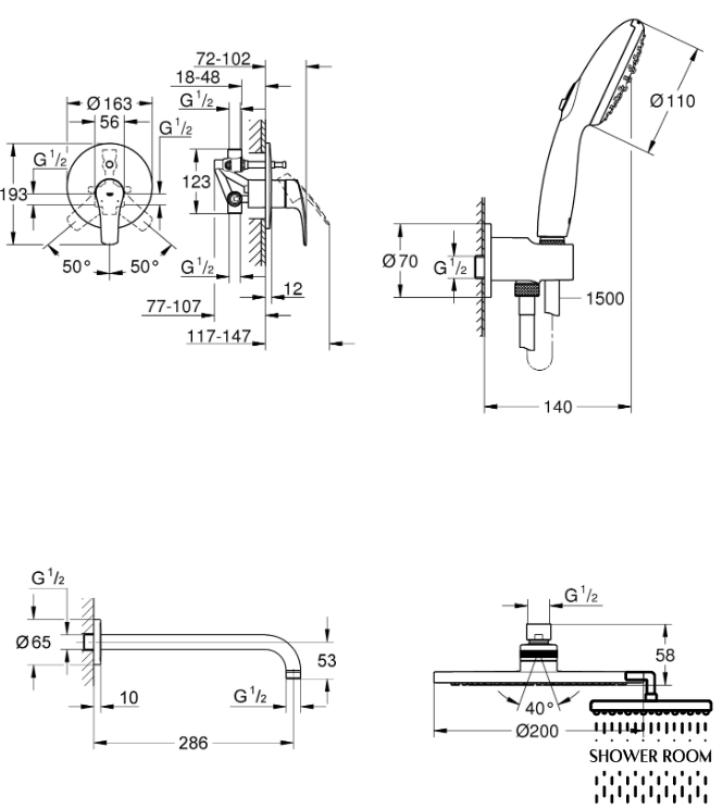 Душова система прихованого монтажу Grohe Eurosmart з New Tempesta 200 (UA25183003)