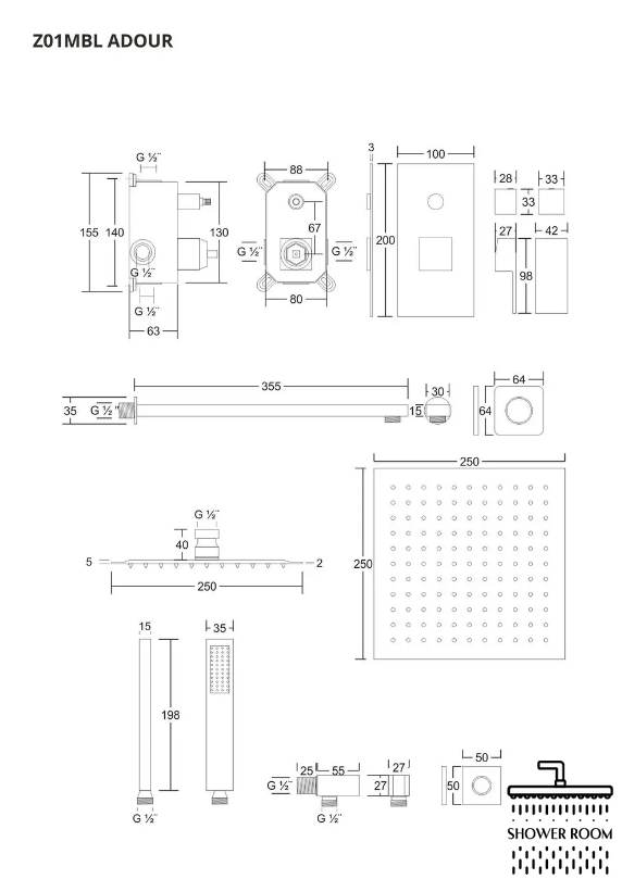 Душевой гарнитур скрытого монтажа Corsan Z01MBL ADOUR BLACK+BOX, черный