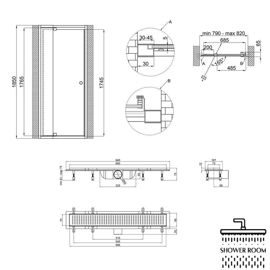 Набір Qtap двері в нішу Pisces WHI208-9.CP5 79-92х185 см, скло Pattern 5 мм + трап лінійний Qtap Dry FB304-600 з сухим закривом та нержавіючою решіткою 600х73 мм